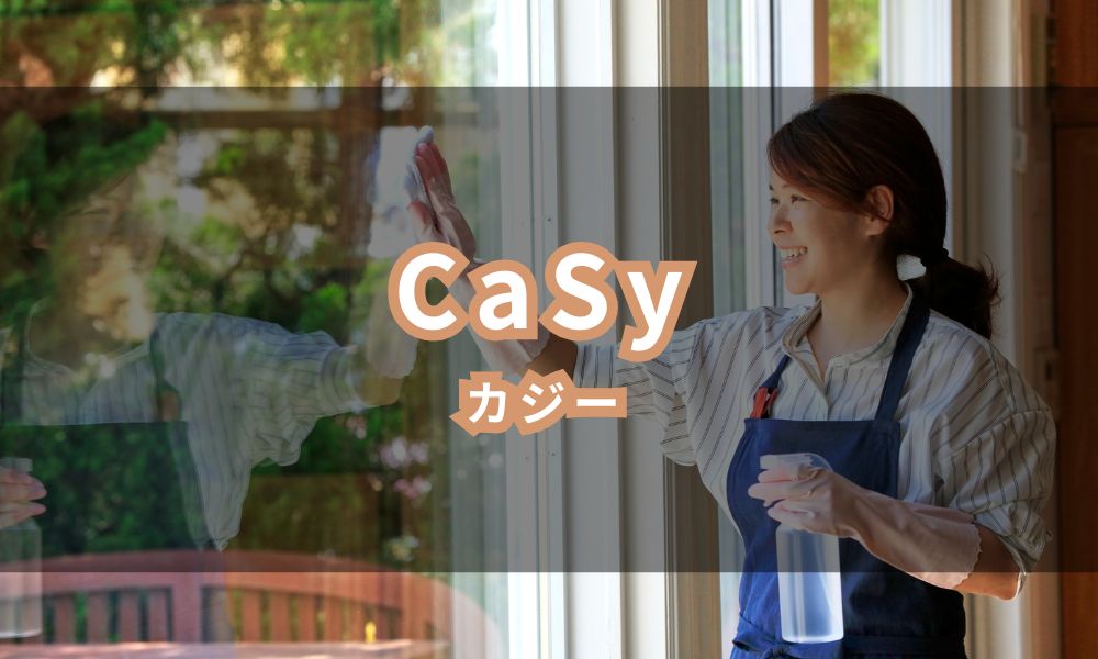 掃除中のCaSyスタッフが窓を丁寧に拭き掃除している様子