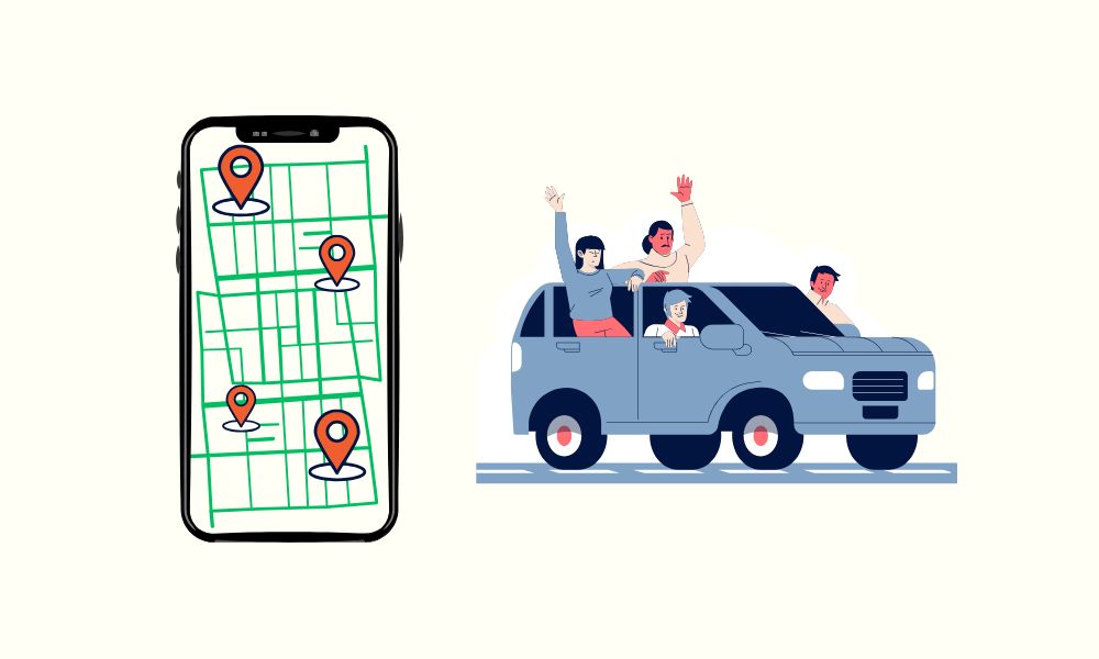 地図アプリとカーシェアを利用する家族のイラスト